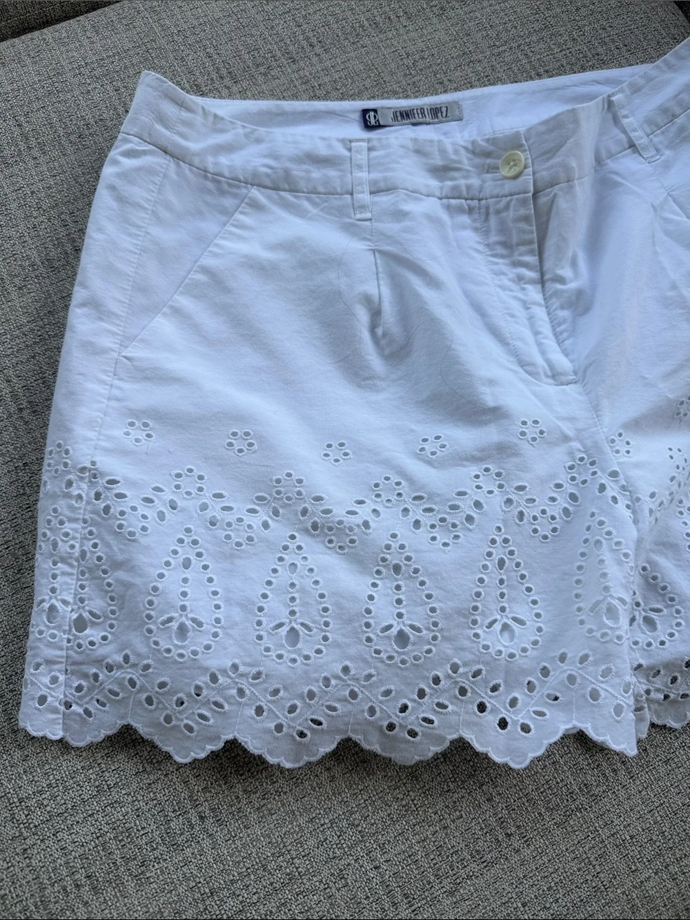 Jennifer Lopez White Eyelet Scalloped Hem Bermudas